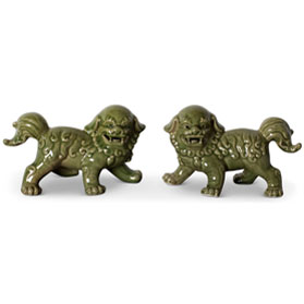Green Porcelain Standing Chinese Foo Dog Set