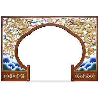 Wooden Dragon and Phoenix Motif Moon Chinese Entryway Gate