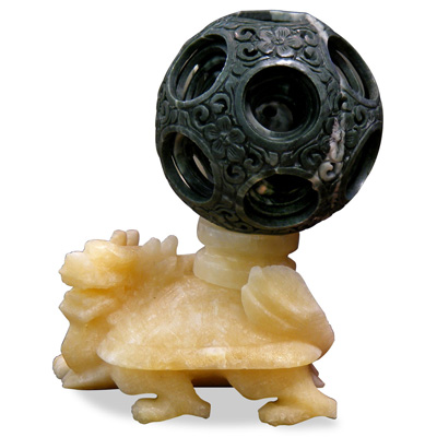 Chinese Jade Layered Ball with Dragon Turtle Stand