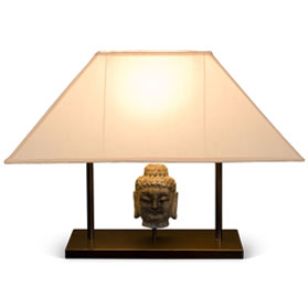 Stone Buddha Head Motif Chinese Lamp with Silk Shade