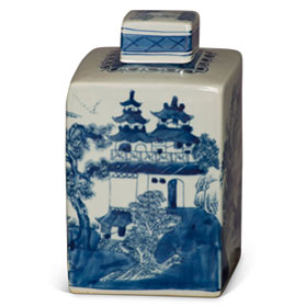 Blue and White Porcelain Chinese Tea Jar with Pagoda Scenery Motif