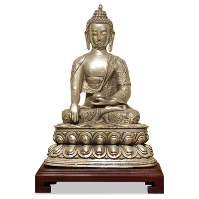 Silver Plated Meditating Buddha Statue Asian Figurine