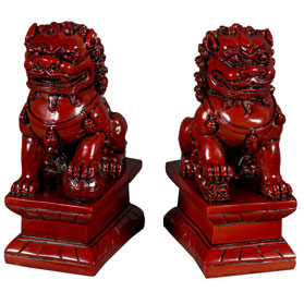 Distressed Red Resin Chinese Foo Dog Statue Set