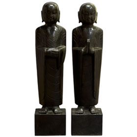 Hand Carved Standing Black Stone Monk Chinese Statue Set