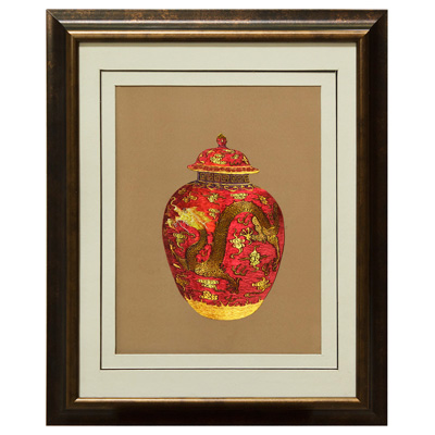 Chinese Silk Embroidery of Gold Dragon on Red Ginger Jar