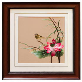 Chinese Silk Embroidery Wall Art of Green Finch on Lotus