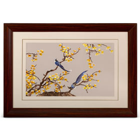Chinese Silk Embroidery Wall Art of Blue Maggies on a Yellow Ginkgo Branch