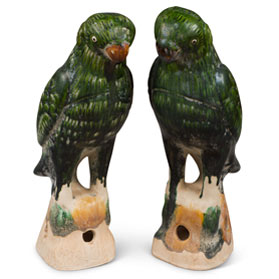 Medium Green Glazed Ceramic Standing Parrots - Set of 2