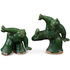 Tang Dynasty Green Glazed Ceramic Jiaodi Wrestlers - Set of 2 (Large & Small)