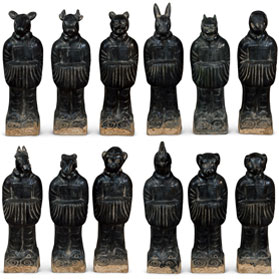 16 in Tang Dynasty Black Glaze Zodiac Figurine Set