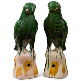 Large Green Glazed Ceramic Standing Parrots - Set of 2