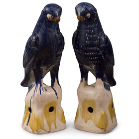 Large Blue Glazed Ceramic Standing Parrots - Set of 2