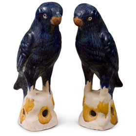 Medium Blue Glazed Ceramic Standing Parrots - Set of 2