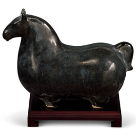 Black Crackle Tang Glazed Ceramic Sitting Horse Oriental Statue