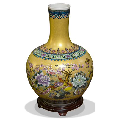 Gold Flower and Birds Chinese Porcelain Temple Vase