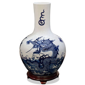 Blue and White Dragon Motif Chinese Porcelain Temple Vase