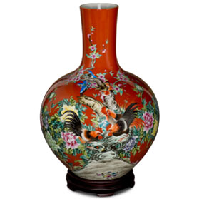 Red Bird and Flower Chinese Porcelain Temple Vase