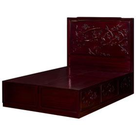 Dark Cherry Rosewood Flower and Bird Full Size Chinese Platform Bed with Drawers