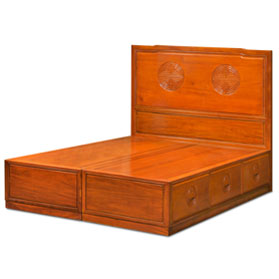 Natural Finish Rosewood Queen Size Chinese Longevity Platform Bed with Drawers