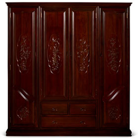 Hand Carved Ebonywood Flower Motif Armoire - with FREE Inside Delivery