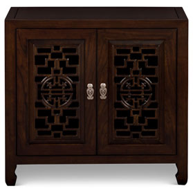 Dark Espresso Elmwood Chinese Longevity Cabinet with Geometric Lattice Doors