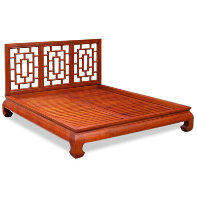 Honey Elmwood Ming Queen Size Chinese Platform Bed with Lattice Headboard