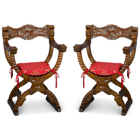 Mahogany Elmwood Su-Chow Set of Two Oriental Chairs with Red Cushions