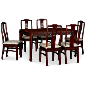 60in Dark Cherry Elmwood Chinese Flower Motif Rectangle Dining Set with 6 Chairs