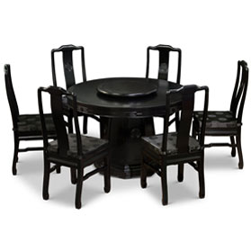 48in Black Longevity Motif Elmwood Chinese Dining Set with 6 Chairs