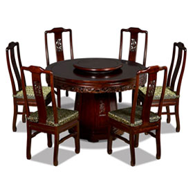 Dark Cherry Elmwood Dragon Motif Round Oriental Dining Set with 6 Chairs
