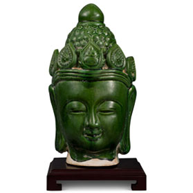 Green Glazed Ceramic Enlightened Buddha Head Asian Statue