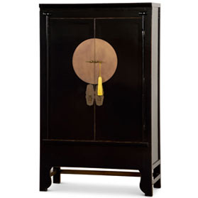 Distressed Black Elmwood Chinese Ming Wedding Armoire with Yellow Tassel