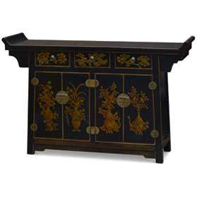 Distressed Black Flower Motif Asian Altar Cabinet