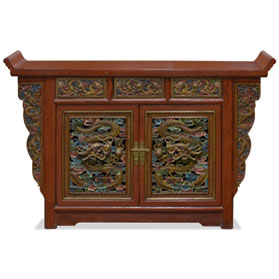 Elmwood Hand Carved Imperial Dragon Motif Pastel Red Chinese Altar Cabinet