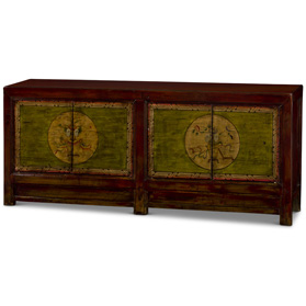 Hand Painted Flower Motif Distressed Red and Lime Green Mogolian Elmwood Sideboard