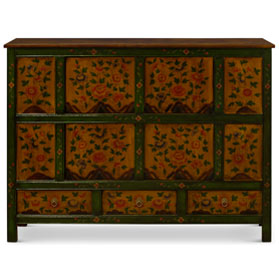 Green and Yellow Hand Painted Tibetan Motif Elmwood Cabinet