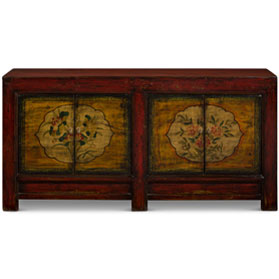 Hand Painted Flower Motif Distressed Red and Yellow Orche Mogolian Elmwood Sideboard