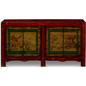 Hand Painted Bird and Flower Motif Distressed Mongolian Elmwood Sideboard