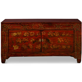 Elmwood Dark Red Flower Motif Tibetan Cabinet