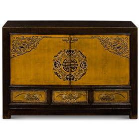 Distressed Golden Yellow Elmwood Qing Dynasty Oriental Cabinet