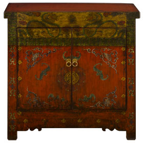 Hand Painted Elmwood Tibetan Dragon and Longevity Motif Cabinet