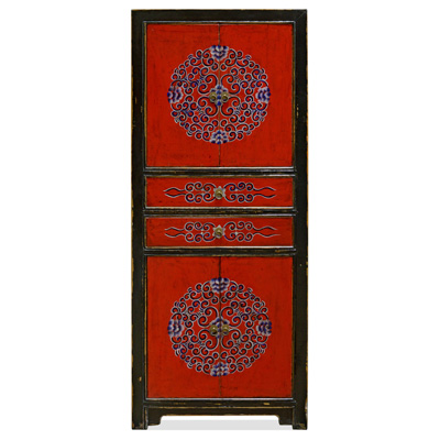 Black and Red Elmwood Tibetan Tall Storage Cabinet