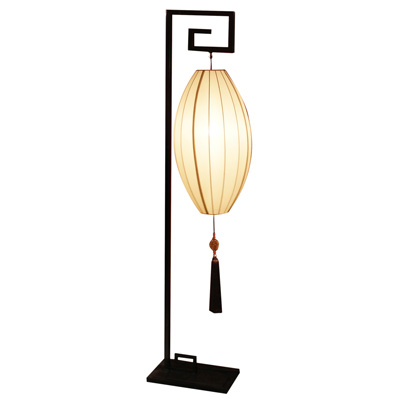 Hanging Chinese Palace Floor Lantern with Beige Shade