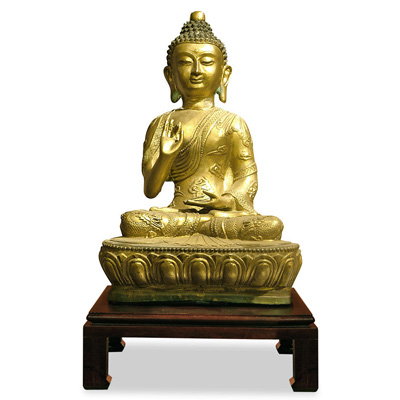 Golden Bronze Tibetan Buddha Sitting in Abhaya Mudra