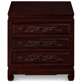 Dark Cherry Elmwood Dragon Motif Oriental Nightstand with 3 Drawers