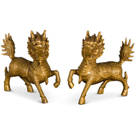 Antique Brass Gold Finish Bronze Kirin Oriental Statue Set