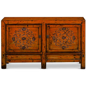 Hand Painted Flower Motif Distressed Orange Mongolian Elmwood Cabinet