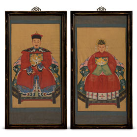 Vintage Red Robe Chinese Ancestor Family Portrait Painting Set