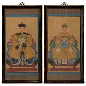 Vintage Yellow Robe Chinese Ancestor Family Portrait Painting Set