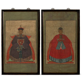 Vintage Red Robe Chinese Ancestor Family Portrait Painting Set